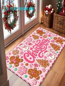 1pc,2d Flat Printing, Pink Christmas Themed Floor Mat - Velvet Material, Gingerbread Man Snowman Pattern, Festive Atmosphere Carpet, Colorful Anti Slip, Machine Washable Carpet, Suitable For Home Decoration, Entrance, Hall, Bathroom And Balcony - A - View 1
