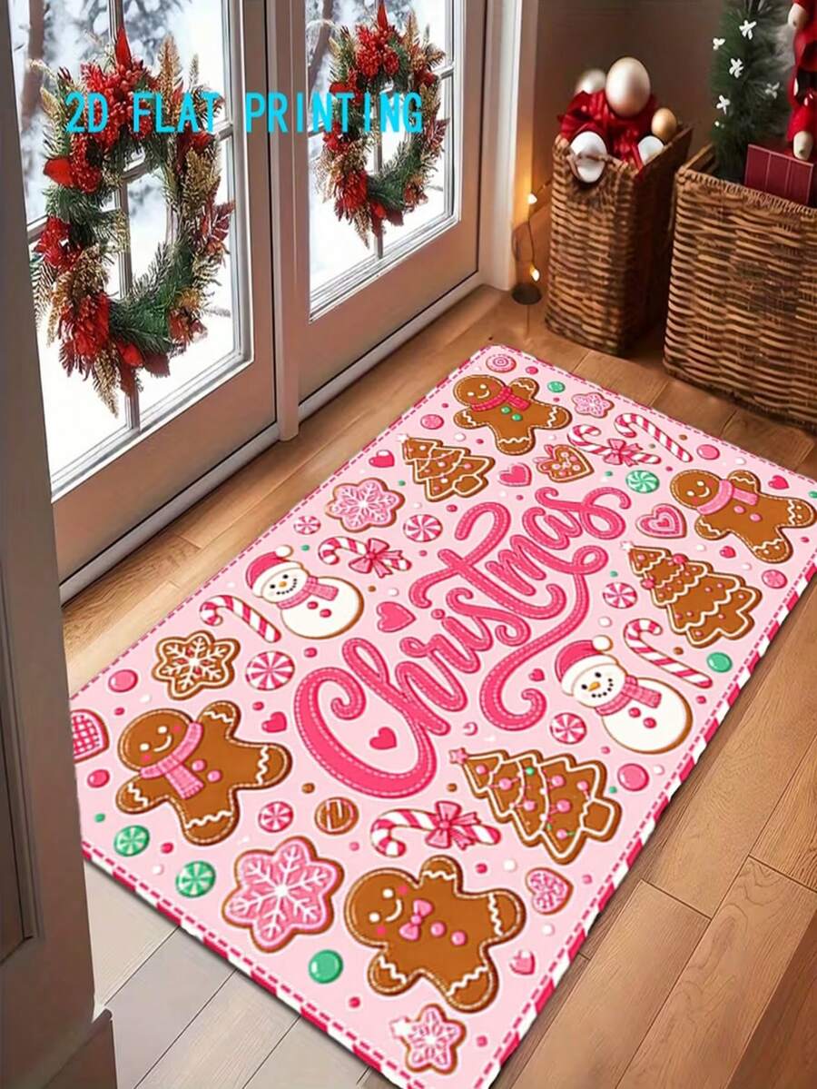 1pc,2d Flat Printing, Pink Christmas Themed Floor Mat - Velvet Material, Gingerbread Man Snowman Pattern, Festive Atmosphere Carpet, Colorful Anti Slip, Machine Washable Carpet, Suitable For Home Decoration, Entrance, Hall, Bathroom And Balcony - A - View 1