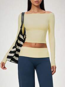 NcmRyu Women's 1pc Solid Color Off-Shoulder Base Layer Top, Fashionable Versatile Slim Fit Soft Stretchy Athletic Top, Autumn/Winter - Yellow - View 7