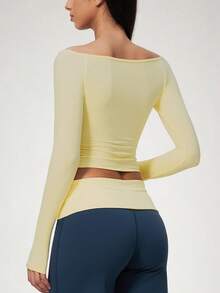 NcmRyu Women's 1pc Solid Color Off-Shoulder Base Layer Top, Fashionable Versatile Slim Fit Soft Stretchy Athletic Top, Autumn/Winter - Yellow - View 3