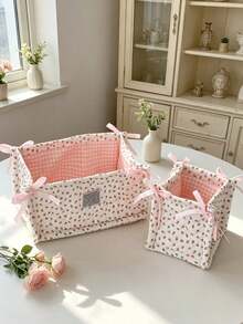 Strawberry Print Quilted Storage Basket, Bow Decor Foldable Fabric Storage Bin, Polka Dot Desktop Organizer, Home Vanity Clutter Storage Box - Multicolor - View 7