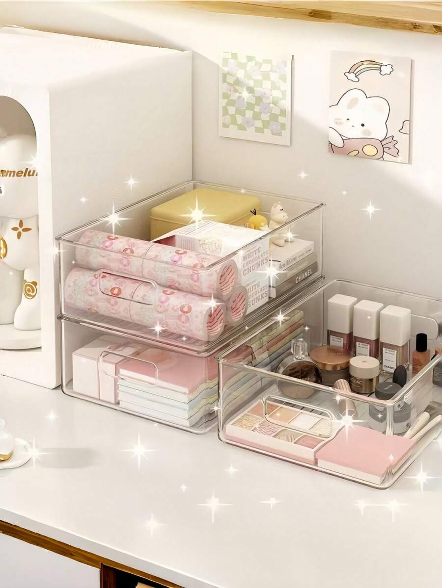 1pc Transparent Acrylic Storage Organizer Box, Multi-Functional Plastic Organizer Tray With Handle, Stackable Storage Bin, Suitable For Drawer, Desktop, Kitchen, Pantry And Outdoor Picnic - Multicolor - View 1