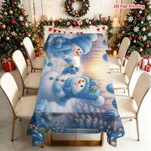 1/2pcs Blue Christmas Snowman Theme Tablecloth, Featuring Snowman, Pine Tree, Colorful Balls, Gift Box, Berries And Winter Forest Background, Suitable For Dining Table, Kitchen Countertop, Picnic Camping, Party Decor, Farmhouse Decoration, Desktop Accent And Holiday Atmosphere - Multicolor - View 1