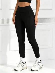 Kuswouy Women's Solid Color High Waist Fitted Pocket Sports Knit Leggings - Black - View 3