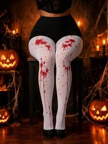 Women Halloween White Red Blood Splatter Graphic Cosplay Tights Pantyhose - Multicolor - View 4