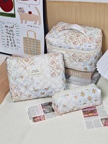 3 Pieces Quilted Makeup Bag Set, Floral Print Travel Cosmetic Organizer With Large Carry Case And Zipper Pouches, Portable Storage Bags For Makeup, Beauty Tools, Toiletries And Daily Essentials - Multicolor - View 1