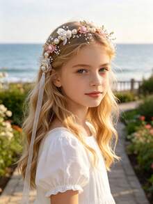 1pc Handmade Pink Flower Pearl Floral Headband, Tulle Floral Crown With Long Ribbon, Elegant Girls Floral Hair Accessory, Suitable For Birthday Party, Photography - Multicolor - View 3