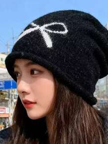 1pc Elegant Cute Bow Acrylic Fine Fleece New Style Knitted Beanie Hat For Women, Large Head Circumference, Warm Ear Protection Slouchy Hat, Spring Autumn Winter - One Size Fits All - View 6