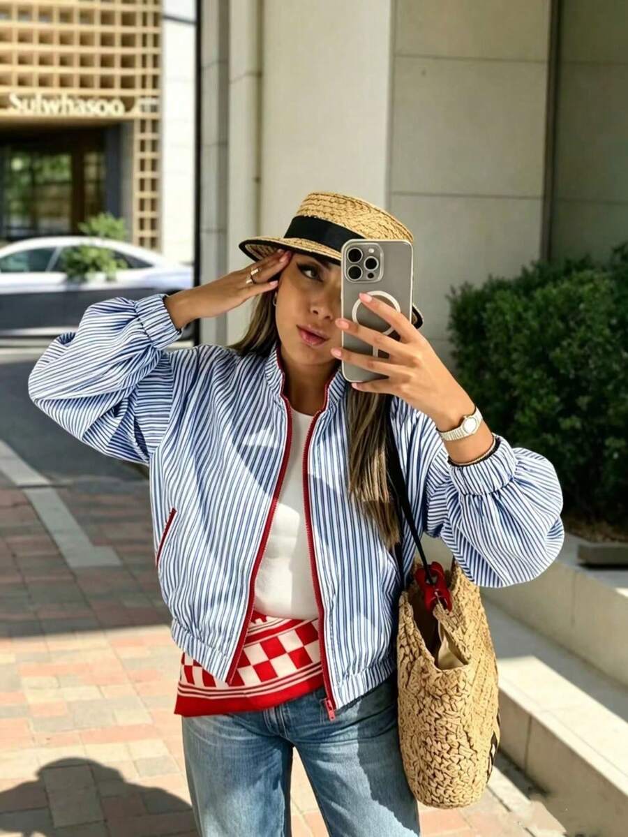 Solstice Apparel Women's Striped Stand Collar Zip-Up Cropped Jacket, Contrast Trim Lantern Sleeve Loose Casual Flight Jacket - Blue - View 1