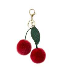 Cute Cherry Faux Rabbit Fur Ball Bag Charm, Leather Leaf Plush Cherry Keychain, Soft Girly Bag Pendant Decoration, Small Gift For Best Friend Birthday And Holiday - Multicolor - View 2