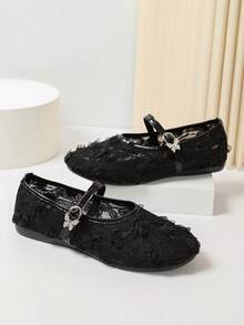 Black 3D Floral Lace Mary Jane Flat Shoes,Sheer Mesh Upper,Rhinestone‑Butterfly Buckle,Single Strap,Round Toe,Gentle Women Flat Shoes For Daily - Black - View 7
