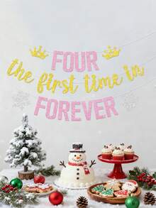 1pc Four The First Time In Forever 4th Birthday Banner, Snowflake Theme Princess Happy 4th Birthday Party Decoration - Multicolor - View 8