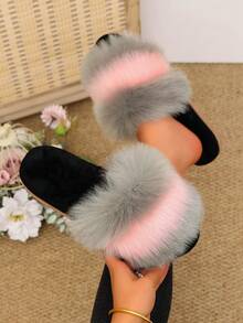 1 Pair Women's Contrast Color Long Plush One-Strap Indoor Comfortable Soft Sole Fuzzy Slippers - Pink - View 2