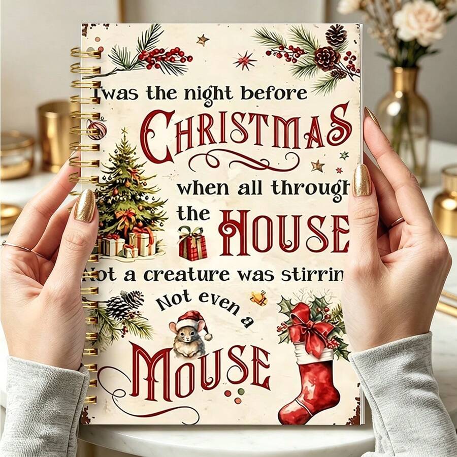 1pc 14*21cm Vintage Christmas Poem Wirebound Notebook, "Twas The Night Before Christmas" Mouse & Xmas Tree Print Journal, Retro Holiday Writing Notepad - Multicolor - View 1