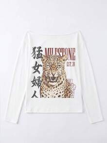 Women's Off-Shoulder Leopard Print Knit Long Sleeve Top, Autumn Outfit, Regular Fit Pullover - White - View 5