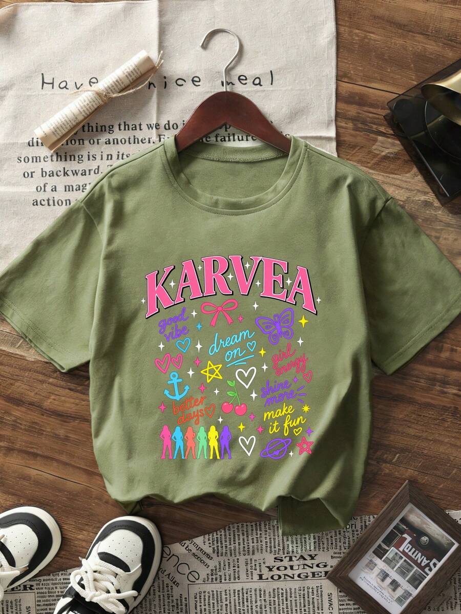 Kaos Pullover Lengan Pendek Bermotif 1 buah untuk Anak Perempuan Remaja, Pakaian Anak-Anak Sekolah, Atasan Musim Panas untuk Anak Perempuan Remaja - Olive Green - View 1