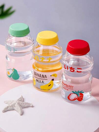 Plastic Water Bottle Shaped, Strawberry Lemon Avocado Peach Cartoon Pattern, Suitable For Children Boys Girls, Can Hold Milk Coffee Cold Drinks, Red