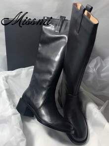 Square Toe Chunky Heel Side Zipper Casual Suede Patchwork Slim Minimalist High Heel Tall Boots For Women - Black - View 1