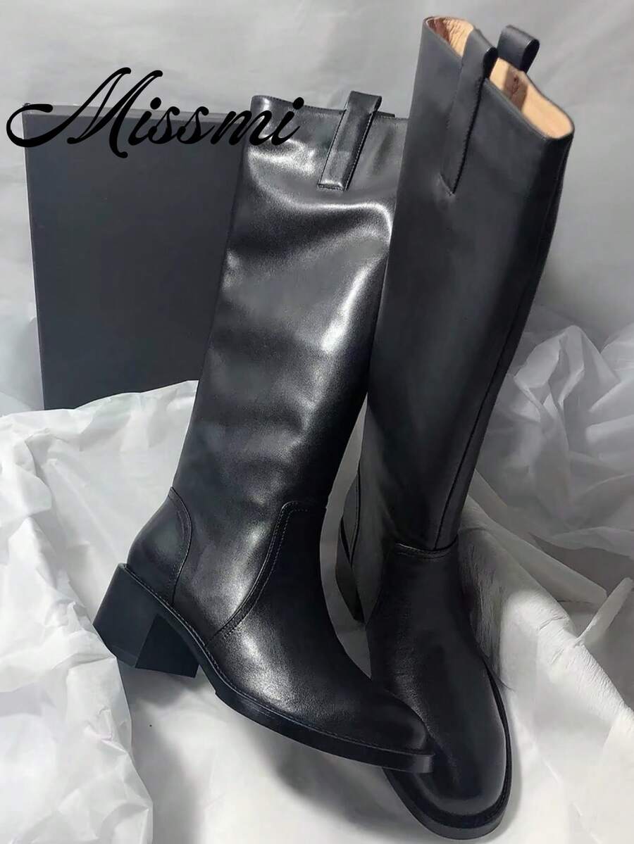 Square Toe Chunky Heel Side Zipper Casual Suede Patchwork Slim Minimalist High Heel Tall Boots For Women - Black - View 1