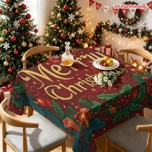 1/2件組聖誕主題桌布，金色「Merry Christmas」文字，環繞冬青葉、紅漿果、懸掛紅球裝飾、雪花、禮物盒與緞帶，適用廚房餐桌布置、餐廳節日裝飾、野餐露營場景、派對桌面點綴、農舍風創作、日常桌面美化與節日氛圍提升 - 彩色 - 查看 12