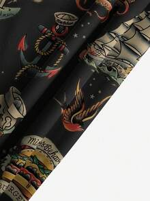 Men's Halloween Digital Print Turn-Down Collar Chest Pocket Vacation Fashion Vintage Casual Short Sleeve Shirt - Black - View 7