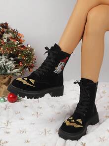 Autumn/Winter Vintage Flat Side Zipper Cross Strap Ankle Boots Chunky Heel Mid-Heel Women's Lace-Up Boots - Black - View 2
