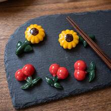 1pc Cute Realistic Sunflower & Cherry Ceramic Chopstick Holder, Mini Chopstick Rest, Home Hotel Restaurant Table Decor Accessory - View 3