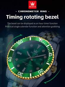 OLEVS Men Quartz Watch Luxury Two-Tone Stainless Steel Luminous Waterproof Rotating Bezel Date Display Rhinestone Business Casual Sport Diver Gift - Green - View 7