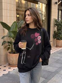 Women's Black Long Sleeve Crew Neck Pullover Sweatshirt With Ribbed Knit Details, Suitable For Autumn Casual Wear And Street Style - Black - View 3