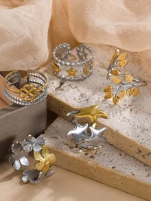 1/5pcs Color Block Stainless Steel Open Rings, Fashionable Women's Rust-Proof Rings, Durable Dual-Tone Rings, Suitable For Daily Wear - Color Block - View 12