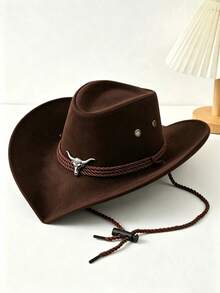 Unisex Western Cowboy Hat, Suede Wide Brim With Bull Head Metal Decor, Adjustable Chin Strap, Multi‑Color For Outdoor Party Daily Wear - Three-rope Corner Silver Cow - View 9