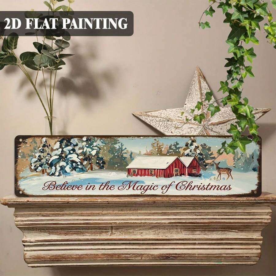 2D Flat Metal Sign, 16X4 Inches, Rustic Christmas Theme With "Believe In The Magic Of Christmas" Phrase, Vintage Style Wall Plaque For Decorating Porch, Living Room, Cafe, Bar And Office - A - View 1