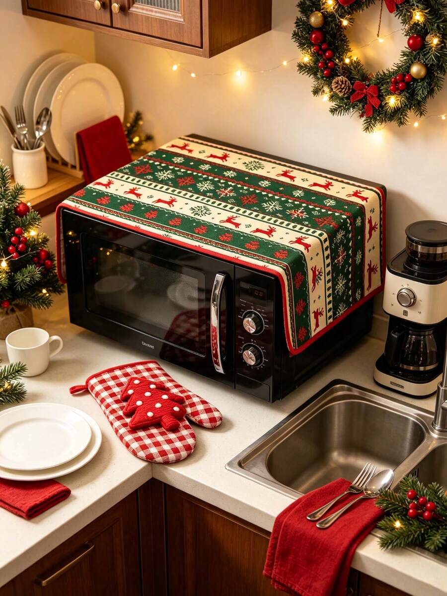 3pcs Christmas Microwave Cover & Oven Mitts Set, Reindeer Snowflake Print Christmas Kitchen Decor, Cute Holiday Cooking Baking Set, Suitable For Kitchen Home Party Gift, Winter Christmas New Year Decoration Set - Multicolor - View 1