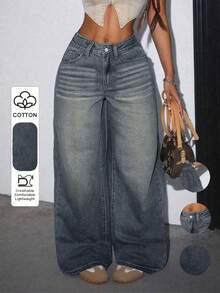 Women's Casual Loose Straight Leg Jeans With Pockets Fall - Deep Nostalgia - View 2