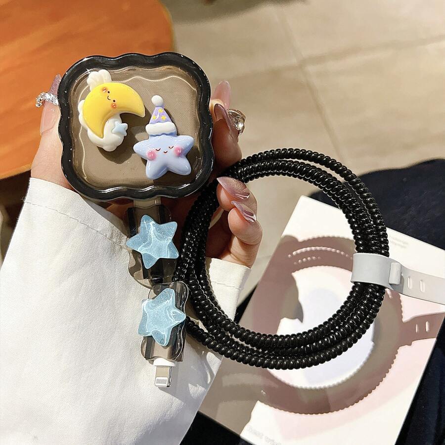 5pcs/Set Compatible With 20W UK Fast Charger Protective Case Cable Protector Cartoon Cute Star Moon Design Transparent Soft Shell Anti-Drop Anti-Scratch With Data Cable Winding Rope Anti-Breakage Protective Case Compatible With Apple Series Boyfriend Girlfriend Gift - UK Plug 20W Moon & Stars - View 1