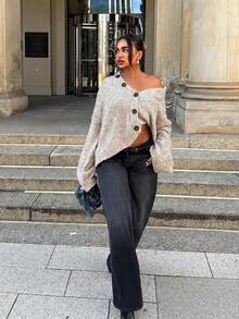 Senya 2026 Women's Oatmeal Crew Neck Knit Cardigan, Statement Button Long Sleeve Relaxed Sweater, Effortless Chic Minimalist Fall Winter Top - Grey - View 5