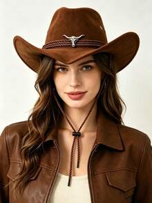 Unisex Western Cowboy Hat, Suede Wide Brim With Bull Head Metal Decor, Adjustable Chin Strap, Multi‑Color For Outdoor Party Daily Wear - Three-rope Corner Silver Cow - View 1