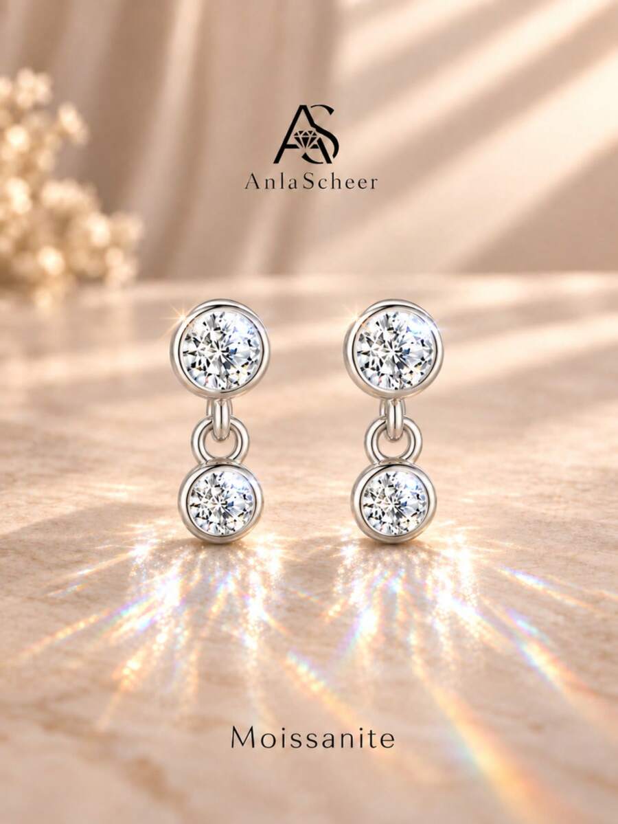 AnlaScheer 1pc Moissanite 925 Sterling Silver Mixed Size Flat Back Helix Piercing Threaded Ear Stud, Women's Engagement Wedding Bridal Jewelry - Silver - View 1