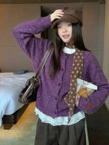 Solid Color Round Neck Cuffed Single-Breasted Knit Cardigan, Casual Commute Lazy Style Sweater Jacket - Purple - View 4