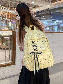 Dot Bow Print Backpack For Girls, Lace-Up Front Ribbon Decor Multi-Pocket Lightweight Casual Daypack School Rucksack Daily Use - Multicolor - View 10