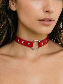 1pc Women's Red Silver Buckle Punk Style Rivet Round Choker Necklace, Suitable For Daily Wear - Red - View 2
