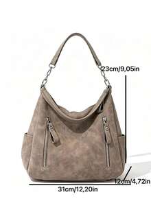 Vintage Distressed Large Capacity Tote Bag, Multiple External Zipper Pockets, Adjustable Extended Shoulder Strap, Casual Relaxed Bag Shape, Ample Internal Storage Space, Can Store Various Personal Items, Suitable For Commuting, Travel, Daily Outings, Creating A Lazy Atmosphere Outfit - Grey - View 2