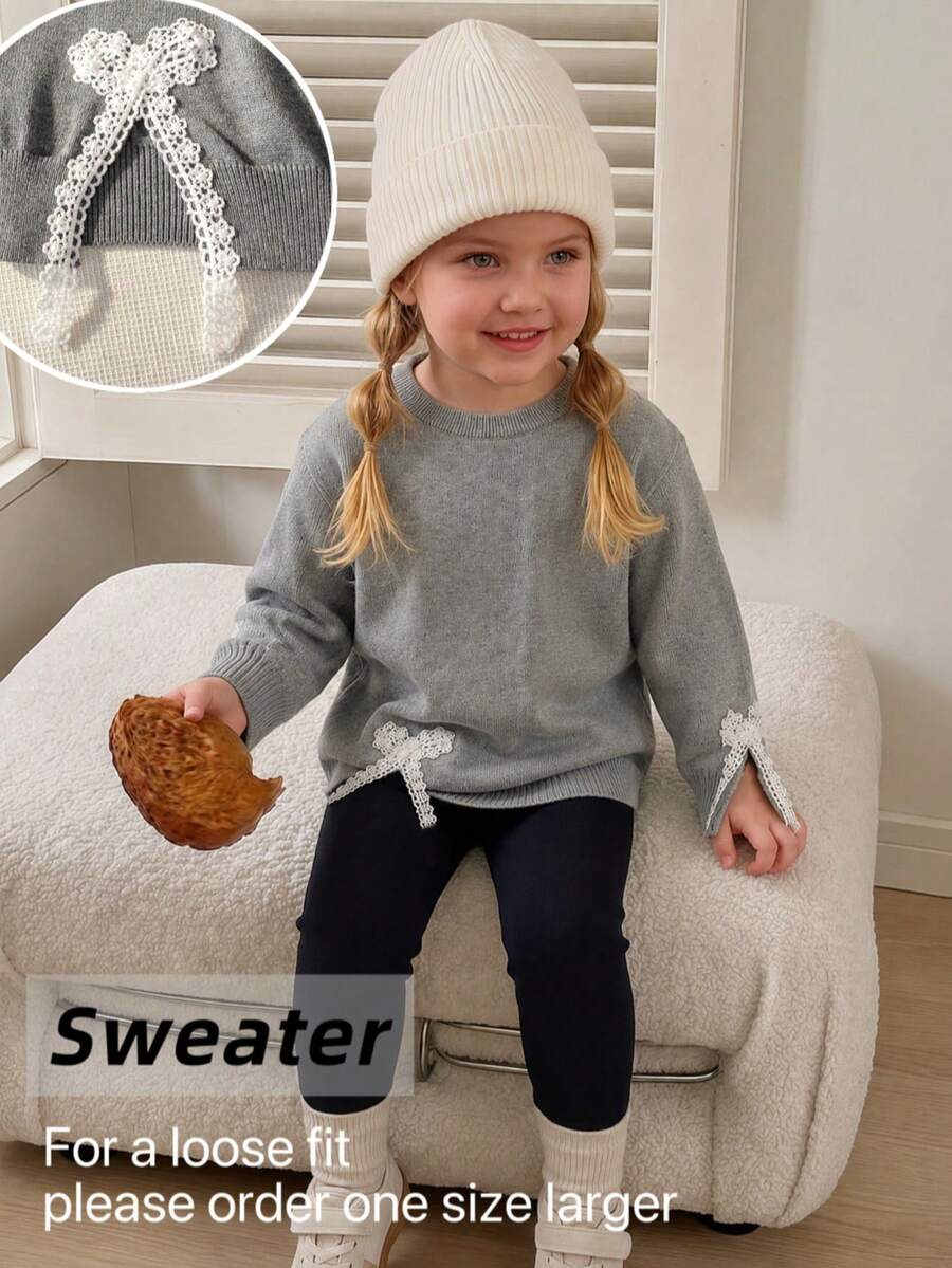 Girls Elegant Solid Color Lace Butterfly Split Knit Sweater Long Sleeve Pullover Suitable For Daily Casual Wear Spring Autumn Winter - Grey - View 1