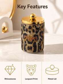Luxury Leopard Print Acrylic Bathroom Storage Canister, Gold Lid Transparent Storage Box With Bamboo Base, Vanity Organizer - Multicolor - View 7