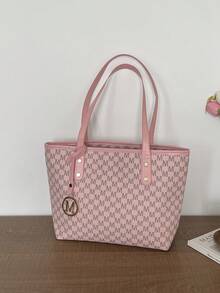 X.Y. Bags 女款粉色字母印花托特包，附金色環吊飾，雙手柄，復古手提包，適合日常通勤與購物 - 粉色 - 查看 4