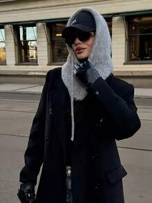 1件女款抽繩可拆式領口拉帽，保暖圍脖滑雪面罩，戶外冬季針織面罩圍巾帽，適合寒冷天氣 - 灰色 - 查看 2