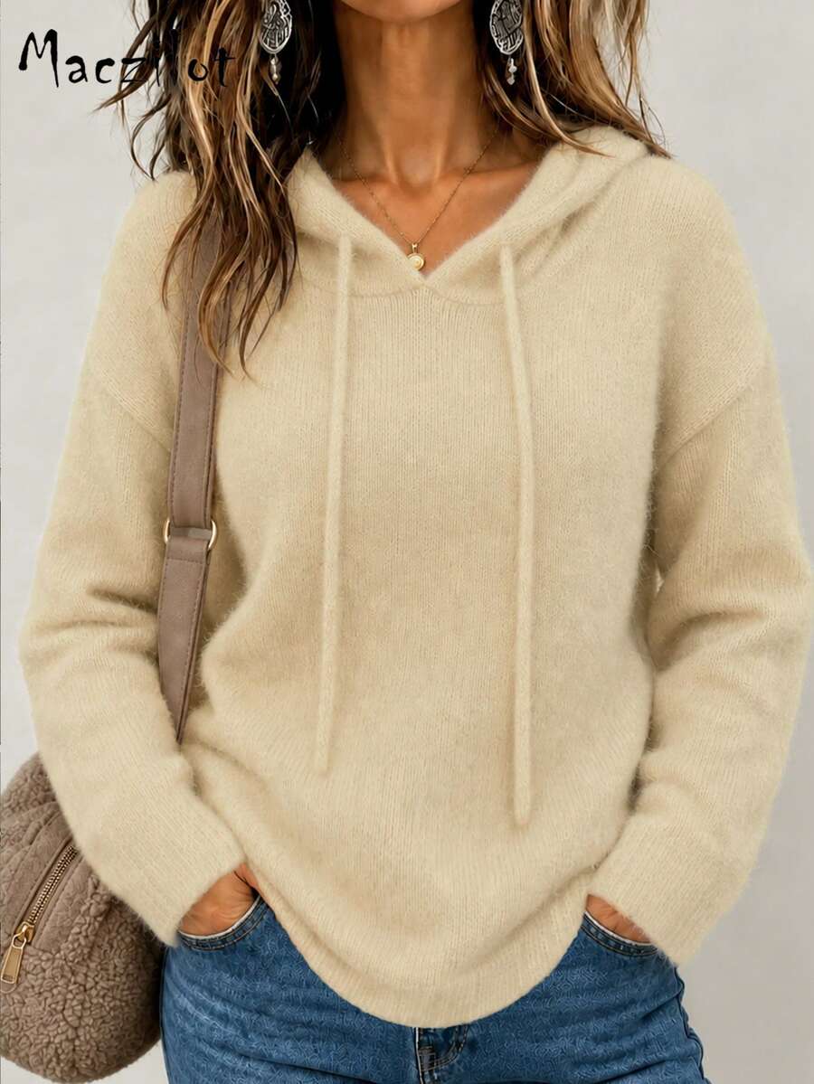 Sweater Rajut Polos Ukuran Besar untuk Musim Gugur dan Musim Dingin, Hoodie Berbulu dengan Tali Serut, Pullover Kasual Lengan Panjang Slim Fit untuk Perjalanan Sehari-hari - Aprikot - View 1