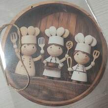 2D Flat Design Chef Logo Hanging Decor, Charming Round Wooden Wall And Porch Decorative Plaque, Art Deco Style, Multi-Purpose Indoor/Outdoor Hanging Ornament, Suitable For All Seasons, Rustic Porch Decoration, Gift For Friends - Khaki - View 6