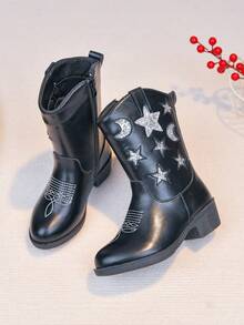 Girls' Princess Boots, New Autumn/Winter Warm Long Boots For Little Girls, Children's Embroidered Western Boots - Black - View 3