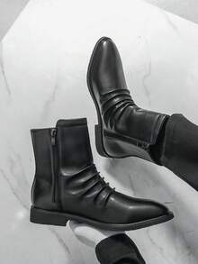 Black Pointed Toe Ankle Boots For Men, Shiny Finish With Unique Wrinkled Detail, Side Zipper Design, Business Casual Fashion, All-Season Footwear - Black - View 6